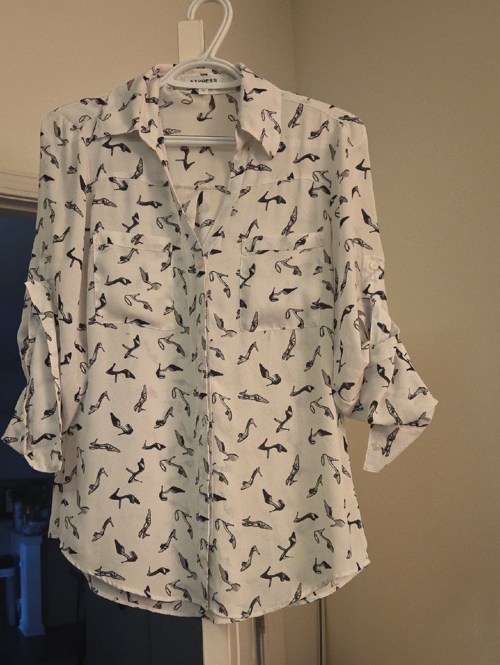 Express White Button-Down Shirt with Black Shoes Print
